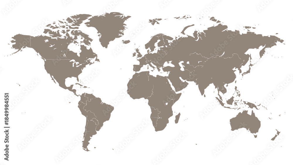 Fototapeta premium A simple, desaturated map of the world, showing continents and country borders against a white background.