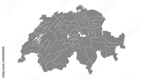 A gray political map of Switzerland, displaying its cantons and geographical divisions, isolated on a white background.