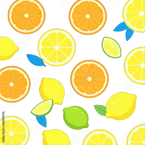 Fresh oranges, lemons, and limes with leaves isolated