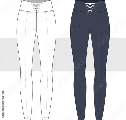 Women's long leggings with waist tie detail. Fashion technical drawing, illustration. Stylish leggings vector. CAD, Mockup.