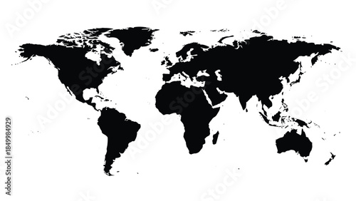 A stark black silhouette of the world map is presented against a clean white background, showcasing the continents and major landmasses of the globe.