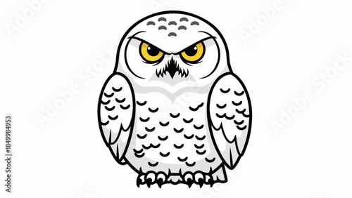 Detailed illustration of a striking owl with vivid yellow eyes and intricate gray and white plumage