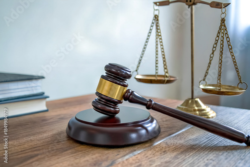 The judicial gavel and scales are symbols of law and justice in the legal system.