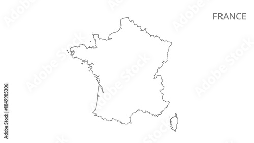 A simple black and white outline map of France, with the country's name written in the top right corner against a white background.