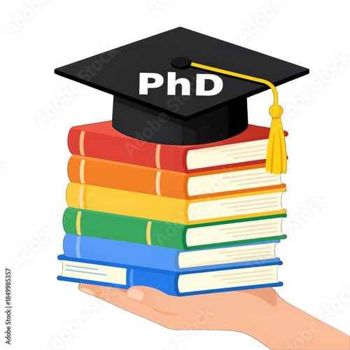 Hand Holding Stack of Books and PhD Graduation Cap