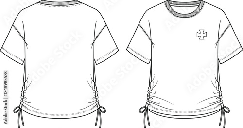 Technical Flat CAD Vector Drawing of a Fashion T-shirt Template, Front and Back Views, with Drawstring Side Ruching and Rib Knit Trim for Contemporary Women's Apparel Design Mock