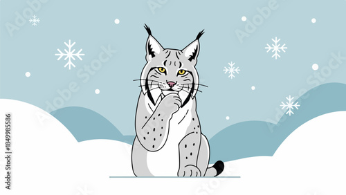 Illustration of a lynx with tufted ears and short tail in a snowy winter landscape
