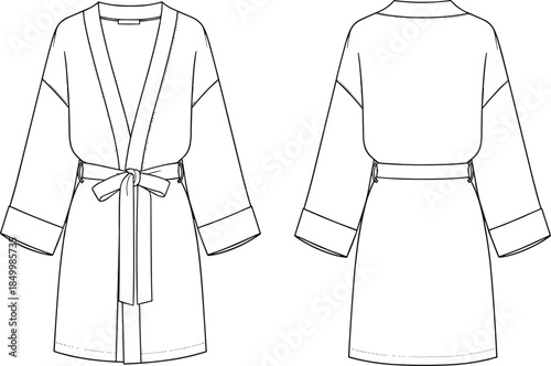 Technical Flat CAD Vector Drawing of a Short Kimono Robe or Dressing Gown Template, Front and Back Views, with Belt and Wide Sleeves for Sleepwear and Loungewear Design Mockup, cad drawing 