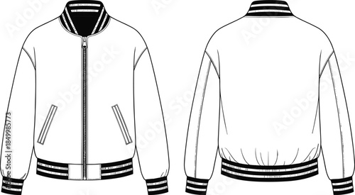Technical Flat CAD Vector Drawing of a Zipped Bomber Jacket Template, Front and Back Views, with Striped Rib Trims, Stand Collar, and Welt Pockets for Fashion Apparel Design Mockup, cad drawing flat 