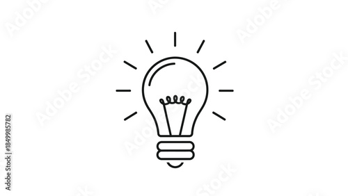 A simple, stylized black and white line drawing of a glowing incandescent light bulb radiates bright, emanating lines against a stark white background, symbolizing an idea.