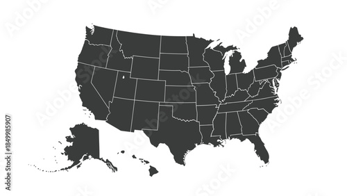 A dark gray map of the United States of America, including Alaska and Hawaii, is displayed on a white background.