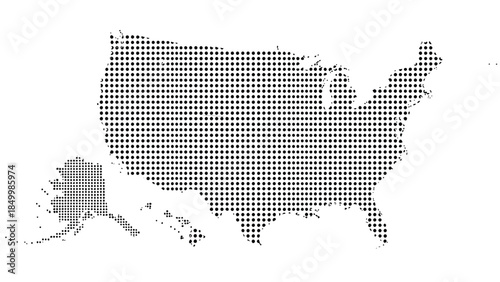 A dotted outline map of the United States of America, including Alaska and Hawaii, rendered in a minimalist, abstract style against a white background.