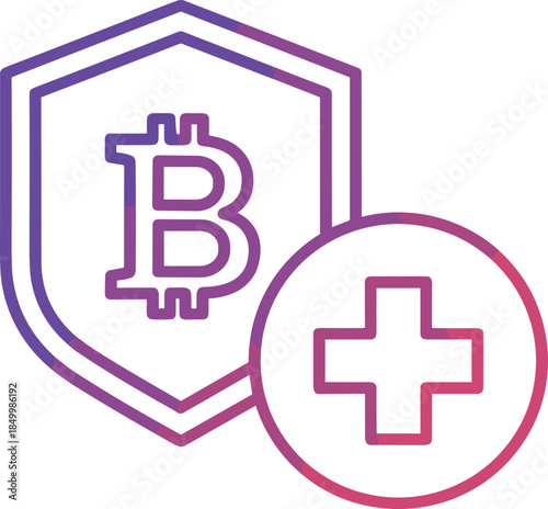 Simple outline icon showing a Bitcoin shield integrated with a medical symbol to denote specialized blockchain security, digital wealth protection, and financial emergency assistance.