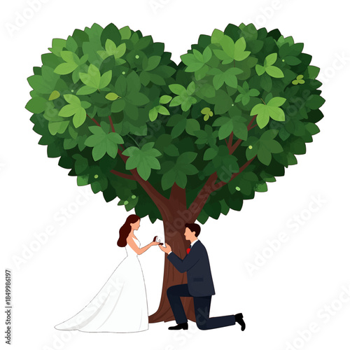 Man proposing to woman under heart-shaped tree