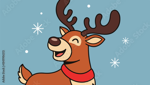 Cheerful illustrated reindeer with red scarf on light blue background with snowflakes
