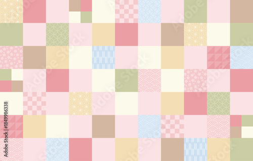 ピンクを基調色とした淡い色彩で構成された日本の伝統的な柄を集めた市松模様の背景背景素材のベクターデータ