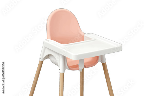 Pink and white high chair with wooden legs.