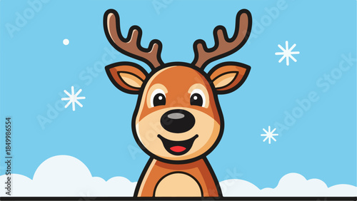 Cartoon reindeer peering over a snowbank in a winter landscape