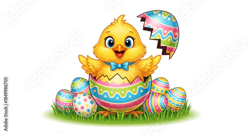 Adorable Easter chick emerging from colorful egg surrounded by vibrant Easter eggs