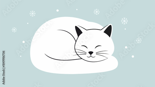 Minimalist illustration of a relaxed pink cat with black outlines on a light blue-green background with snowflakes