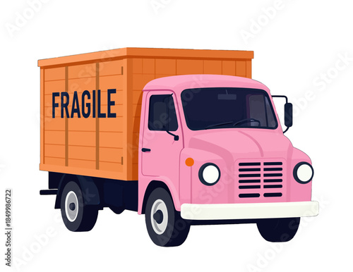 Pink delivery truck with fragile wooden cargo box