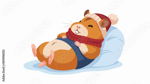 Illustration of a brown hamster wearing a red knitted hat and blue overalls on a light blue background