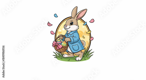 Cute Easter bunny holding basket of colorful eggs