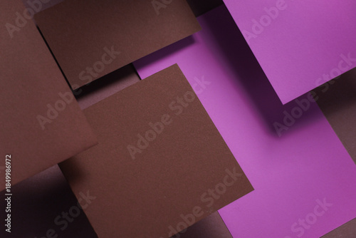 Set of green floating blank card sheets with shadow on burgundy background. Minimalism business brand template, creative layout