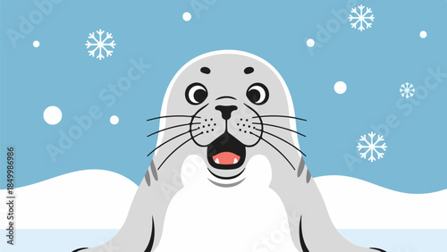 Cartoon seal with tilted head and playful expression in snowy Arctic landscape