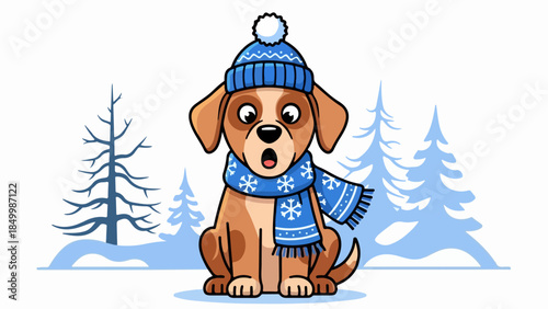 Light brown puppy wearing blue knit hat and scarf in winter landscape with bare trees and snow