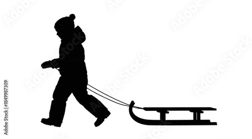 Black silhouette of a child pulling a sled on a white background, winter illustration, graphic design element, kid