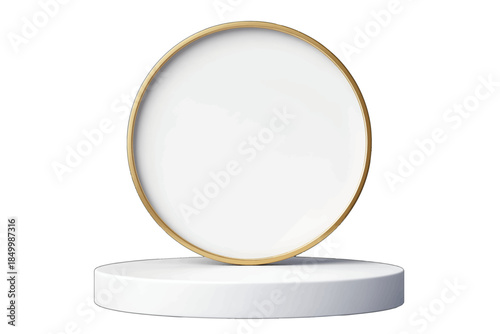 Round gold-rimmed makeup mirror on white base