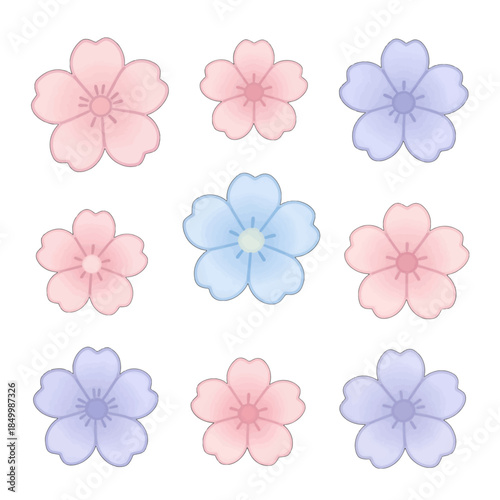 Set of pastel pink and blue flowers