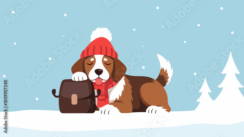 Beagle in red knit hat and scarf with brown suitcase in snowy winter landscape