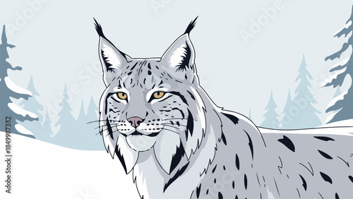 Illustration of a lynx in a snowy forest with coniferous trees