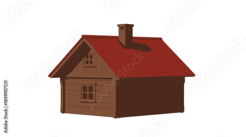 Small wooden house with red roof and chimney