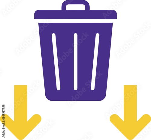 Vibrant purple vector illustration featuring a trash bin icon with two downward pointing yellow arrows representing data disposal and file deletion processes.