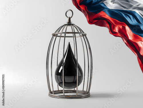 Russian oil under sanctions symbolized by caged black oil drop