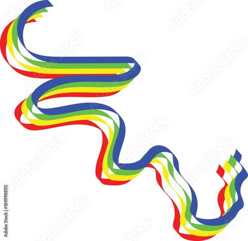 Vibrant flowing ribbon vector with blue, green, yellow, and red stripes on a transparent background.