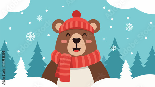 Cheerful bear in a winter landscape with a red and white striped beanie and scarf
