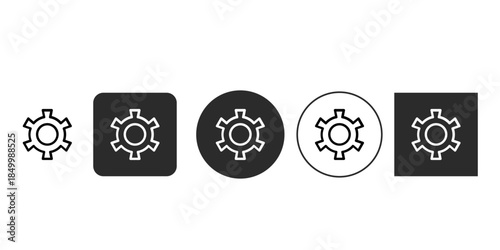 Universal settings icon set for web and mobile UI design | Collection of gear symbols in outline and solid dark styles | Customizable vector cogwheel interface icons