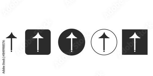 Upward arrow icon set with exclamation point dot | Upload navigation symbol for UI design black and white vector | Urgent direction indicator graphic resources | Forward movement sign 