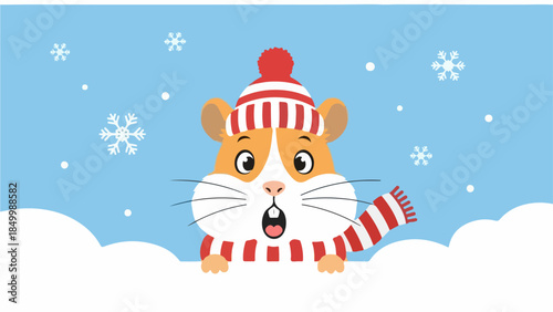 Cartoon hamster with red and white beanie and scarf in snowy winter landscape