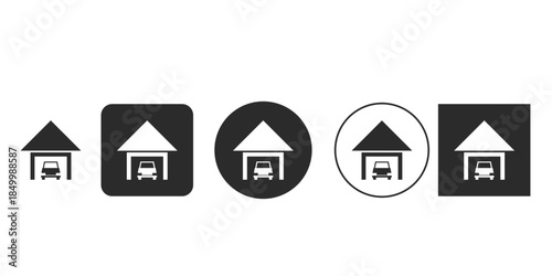 Monochromatic car garage icon set for UI design | Vector illustration of parking structure pictogram silhouette | Flat design driveway shelter sign in multiple formats 