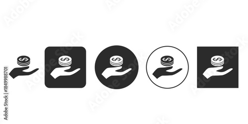 Hand holding stack of dollar coins icon set | Financial savings and investment symbol vector graphics | Digital currency exchange and donation pictogram | Black and white money transfer application 