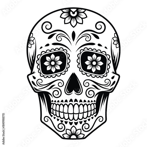 Decorative sugar skull with floral patterns and swirls on face