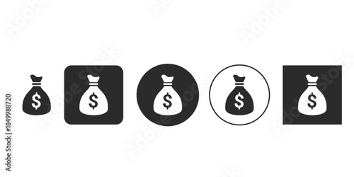 Dollar sign money bag icon for financial websites and apps | Black and white vector illustration of wealth and savings symbol | Currency sack graphic design asset for business and banking 