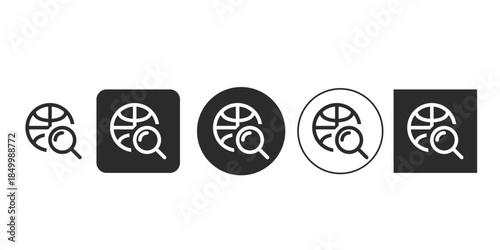 Global search icon vector illustration set | Finding information on the internet symbol | Worldwide web exploration logo design | Universal investigation and discovery glyphs 