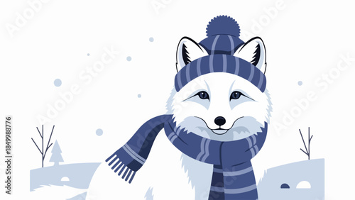 Stylized illustration of a fox wearing a blue and white knit hat and scarf in a winter landscape