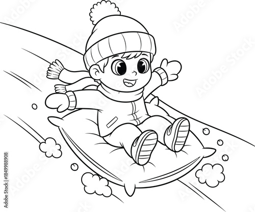 A black and white vector illustration of a cute cartoon youngster sliding down a snowy hill on a cushion for a coloring book page